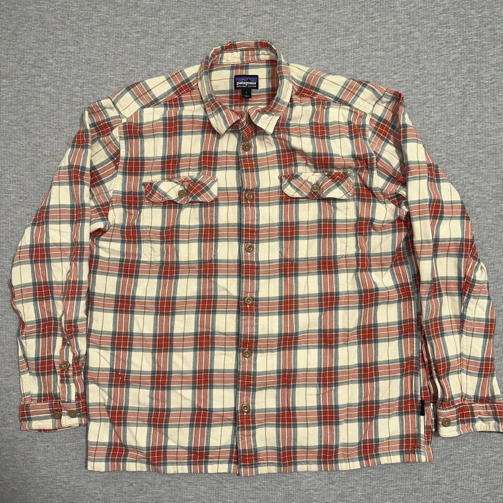 Patagonia Fjord Flannel Shirt Migration Plaid Light Sesame Organic Cotton Size L